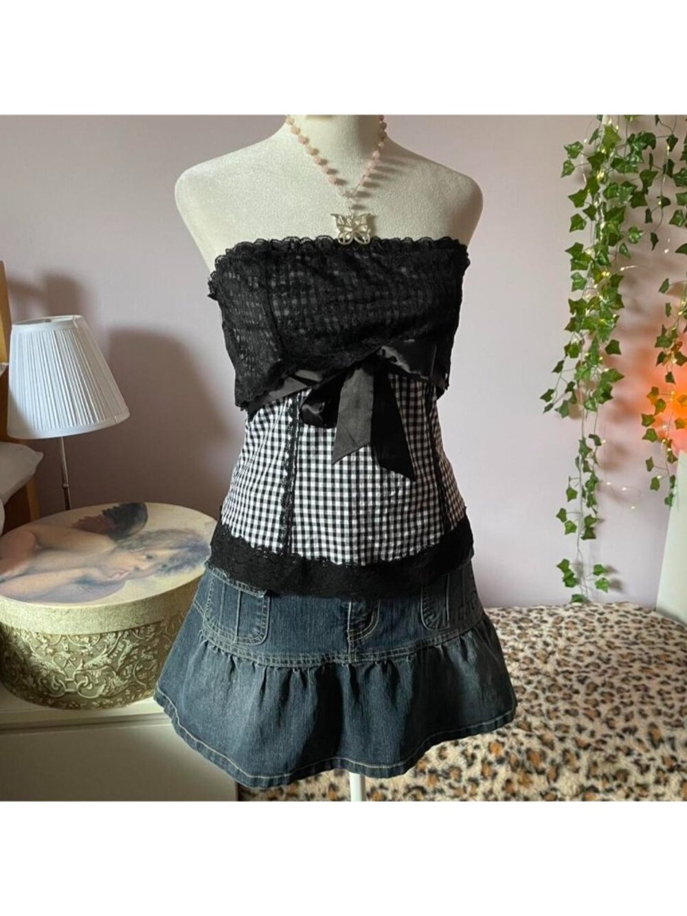 Y2K black & white gingham strapless top with lace trim and bow detail
